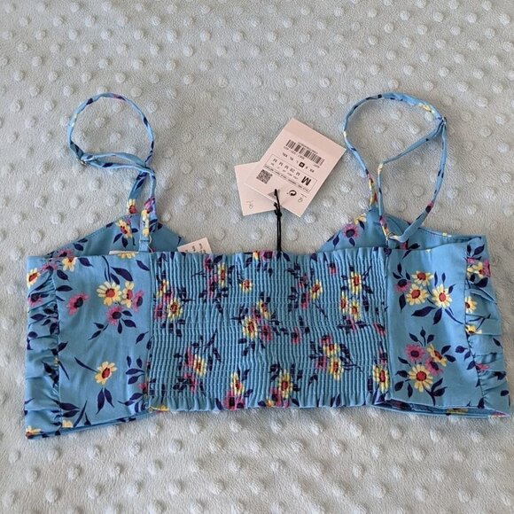 NWT ZARA Blue floral crop top bra smocked back adjustable straps sz Medium - Picture 3 of 8
